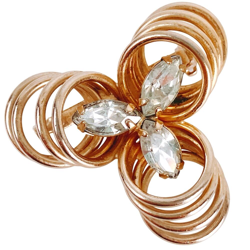 Vintage Mid Century Brooch Wire Loop Marquise Rhinestones Atomic Gold Tone